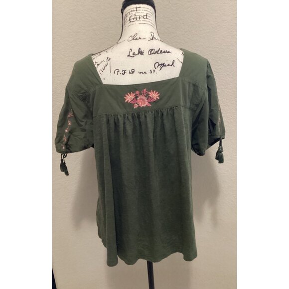 Time and Tru Green Boho Square Neck Embroidered Top W/Pink Floral Details - Picture 5 of 6